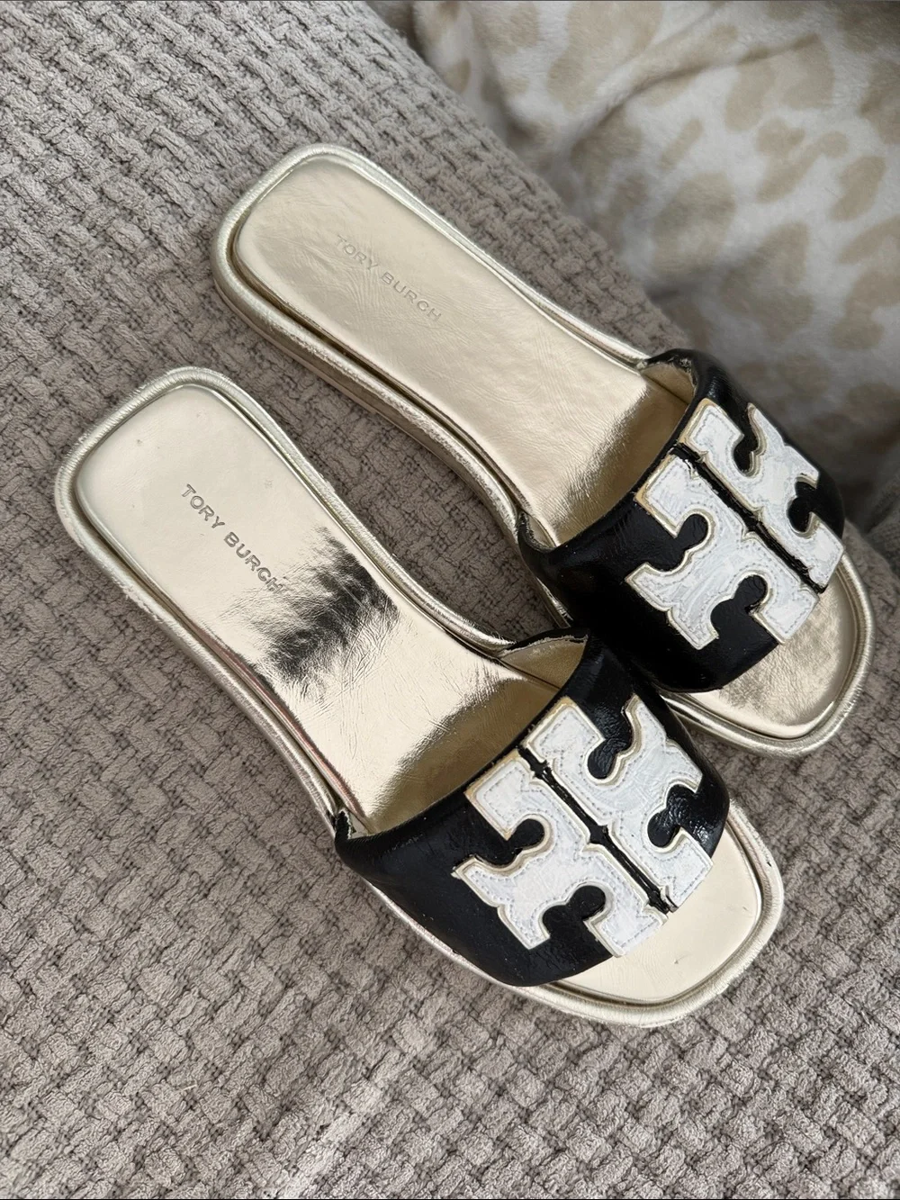 Tory Burch Black and Gold Logo Slide Mules